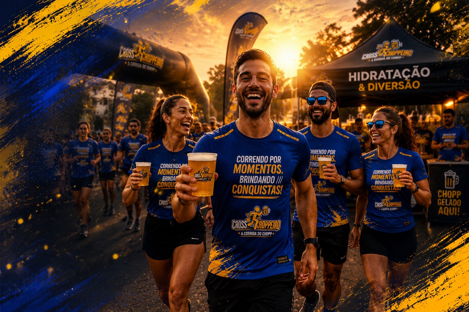 Corredores do Cross Choppeiro brindando com copos de chopp na largada, com tendas de hidratação ao fundo